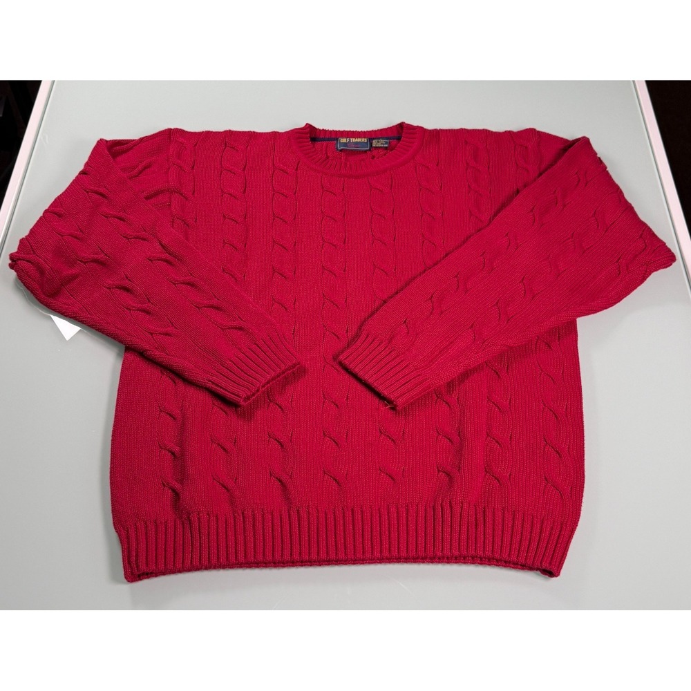 Vintage Gulf Traders Sweater Mens L 100% Cotton Red Fisherman Cable Knit
